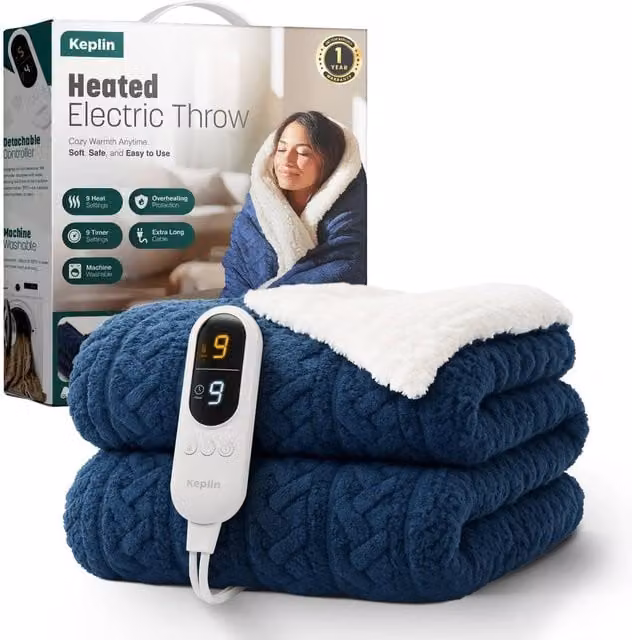 Keplin Large Electric Heated Jacquard Throw Blanket in Navy Blue with 9 Heat Settings and Sherpa Flannel Lining – 1