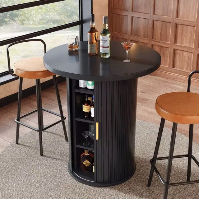 Merax Modern Round Bar Table with Built-In Storage Cabinet in Black, W/D/H: 60 x 60 x 91.6 cm