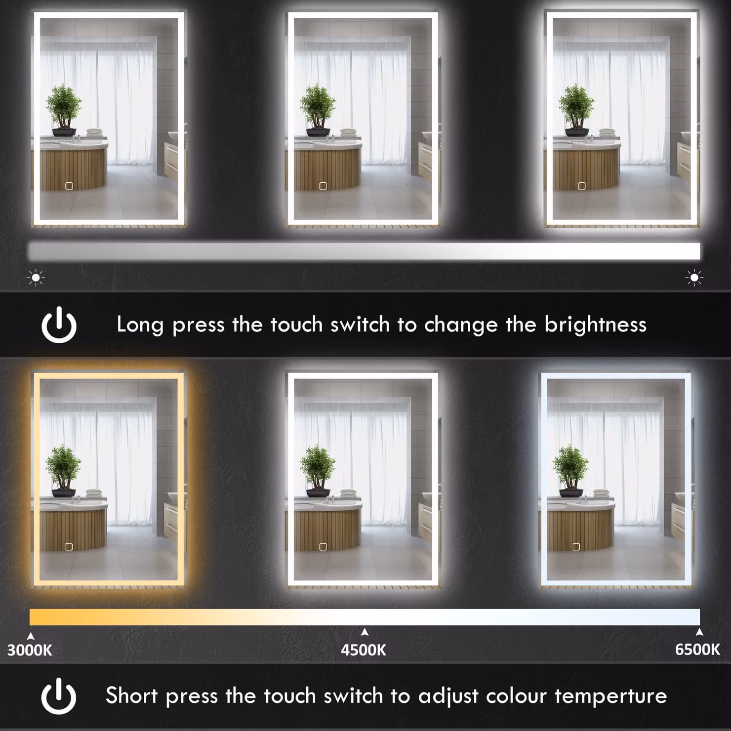 HOMCOM LED Bathroom Mirror with Dimmable Lights, 3 Colour Smart Touch Anti-Fog Vanity Mirror, W: 70 cm, H: 70 cm, White/Silver – 4