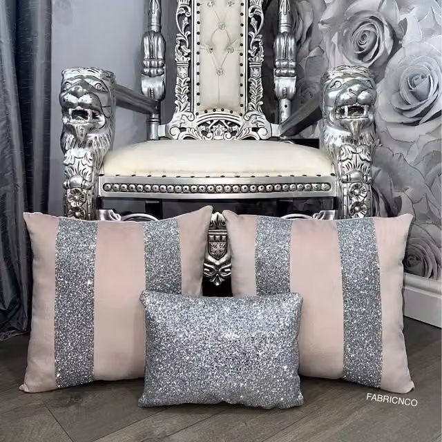 FABRICNCO Pink and Silver Plush Velvet Glitter Cushion Cover Set