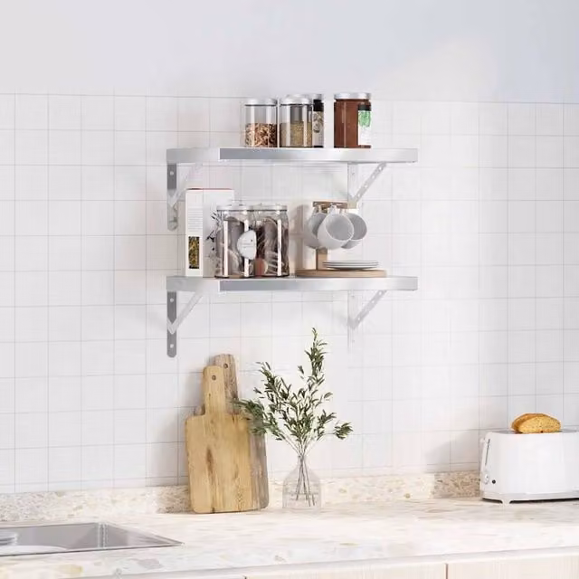 Berkfield Home Wall Mounted Metal Shelves, 2 Pack, Silver, W: 50 cm, D: 30 cm, H: 30 cm