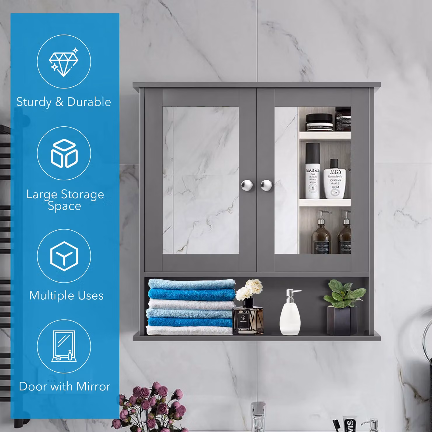 Costway Grey Wooden Wall Mounted Bathroom Mirror Cabinet with Glass Hinged Doors and Internal Shelves – 3