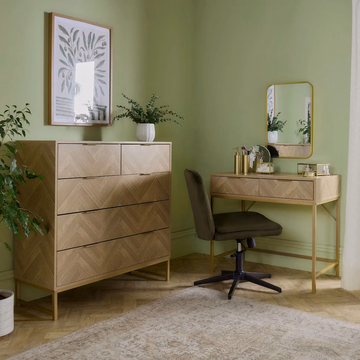 VonHaus Ducie 2 Drawer Herringbone Design Bedroom Dressing Table in Natural and Gold – 3