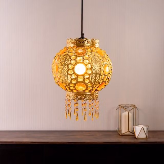 ValueLights Bazaar Moroccan Jewelled Metal Ceiling Lamp Shade in Gold and Silver