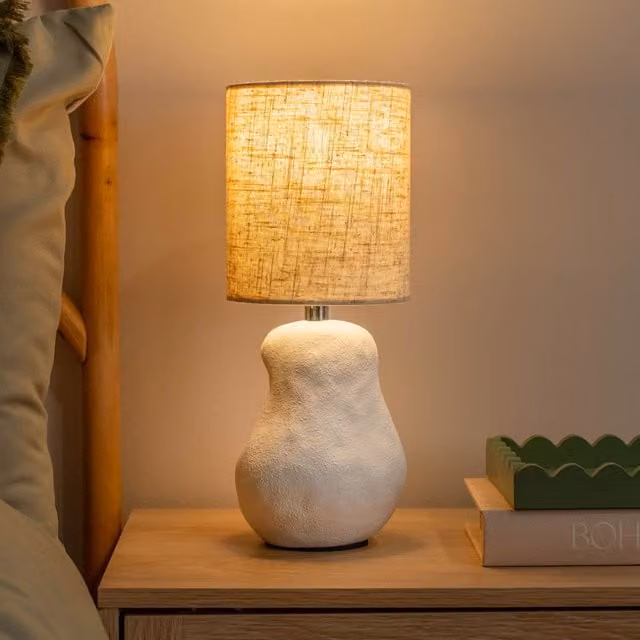 Mae Abstract Sandblast Ceramic Table Lamp with Linen Drum Shade and LED Bulb in White