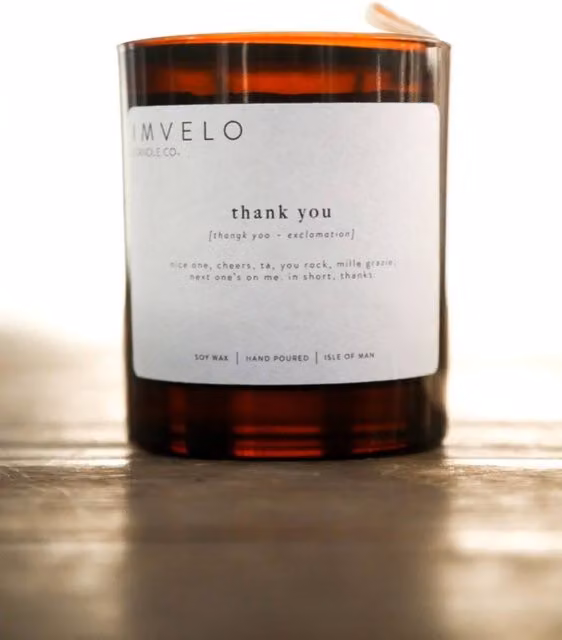 Imvelo Candle Co Definition Thank You Candle in Amber with Woodsmoke and Leather Scent