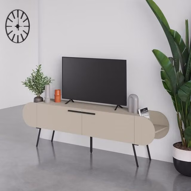 FWStyle Capsule 2 Door TV Stand in Sandstone Beige with Black Metal Legs