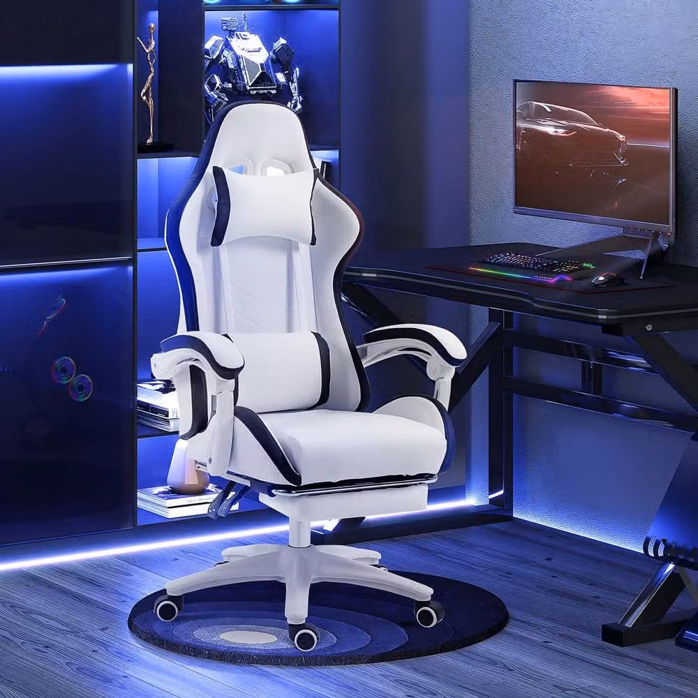 STILVORA White Gaming Chair with Footrest, Headrest and 360 Degree Swivel Function – 3