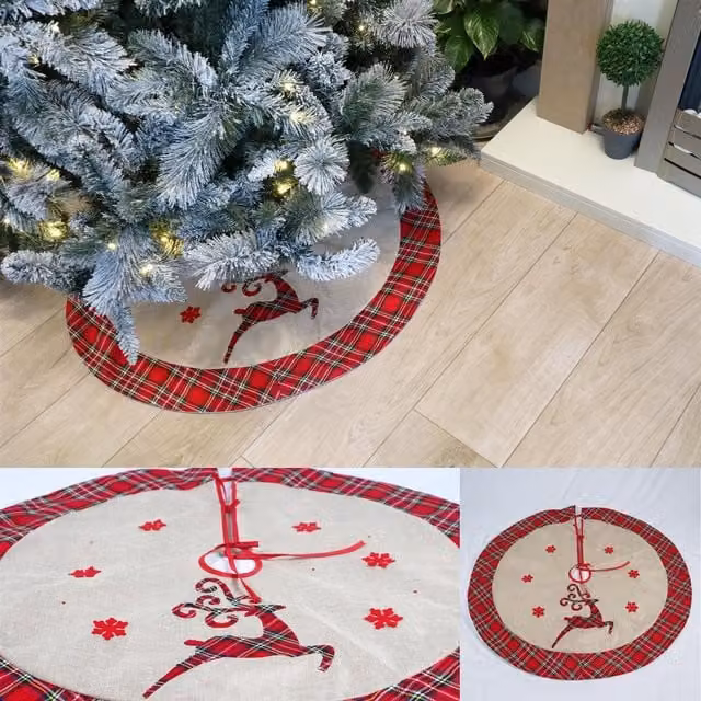 Shatchi Christmas Tree Skirt with Snowflake Printed Pattern in Brown Burlap Hessian Linen, 4-Piece Set