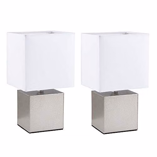 MiniSun Set of 2 Modern Cube Design Dimmable Touch Table Lamps with White Fabric Shades in Silver and Chrome