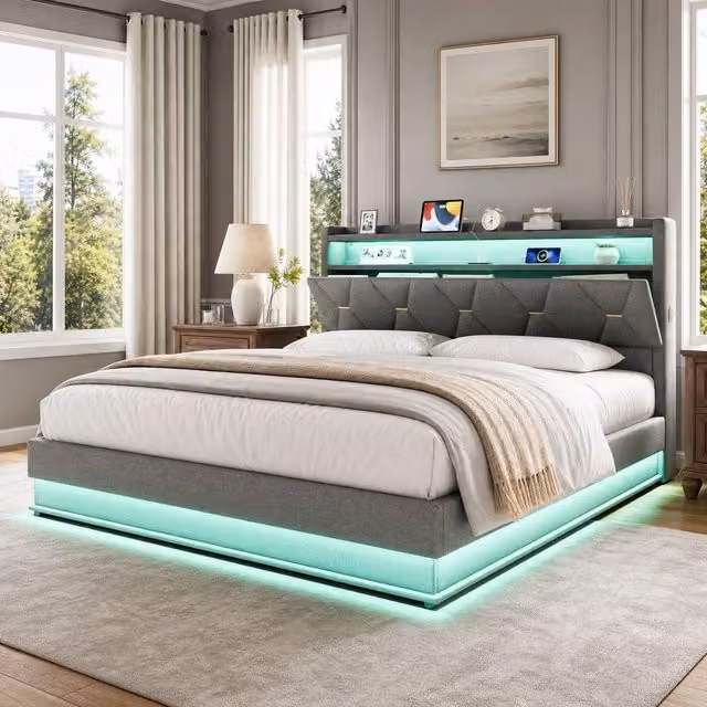STILVORA Modern Grey Fabric Double Bed Frame with Lift-Up Storage, LED Lighting and USB Ports, 140 x 200 cm – 1