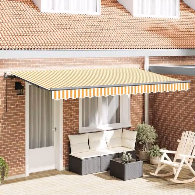 Berkfield Home Retractable Wall-Mounted Folding Arm Garden Awning in Yellow, White and Anthracite Striped, W/D/H: 330 x 195 x 195 cm