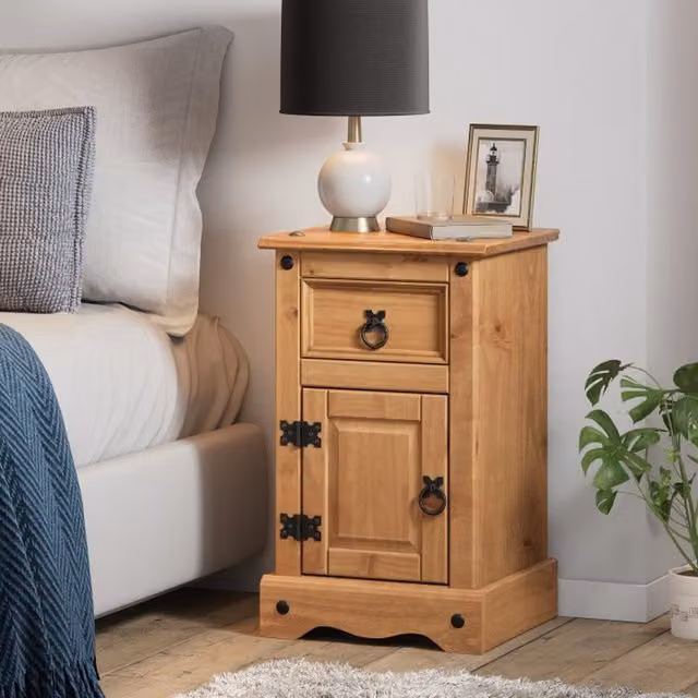 Mercers Furniture Corona Pine Wood Bedside Cabinet with 1 Door and 1 Drawer in Brown