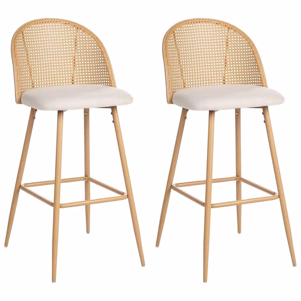 Wyld and Coco Set of 2 Beige Fabric Bar Chairs with Brown Viennese Braid Rattan Backrest – 2
