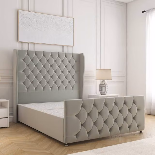 BSSPOKE Anna Small Double Divan Bed with 54 inch Headboard in Silver Plush Velvet, W/D/H: 120 x 200 cm
