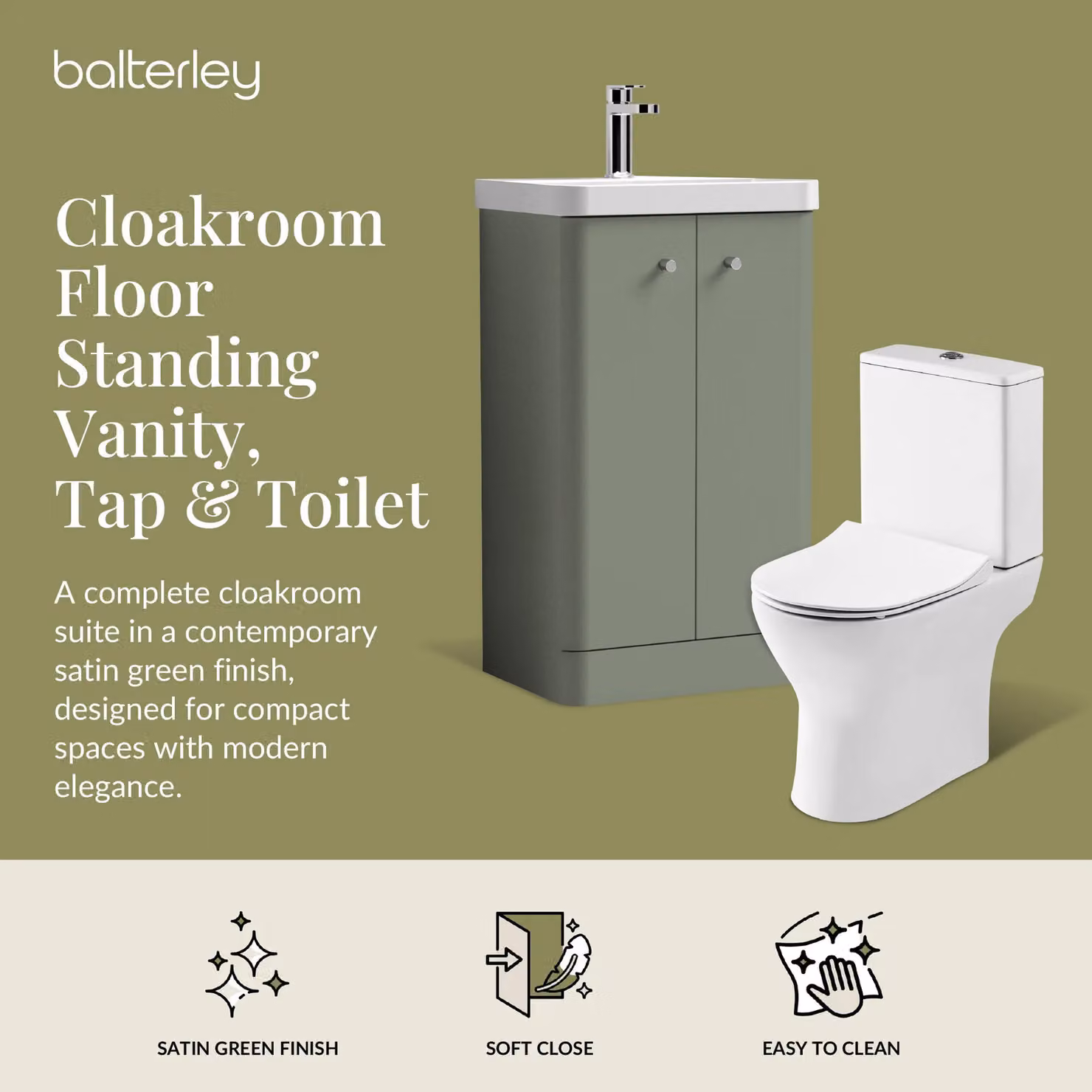 Balterley Green 2 Door Freestanding Bathroom Vanity Unit with Tap and Toilet Pack, Width: 47.9 cm – 2