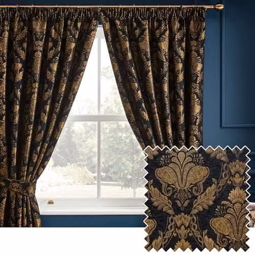 Paoletti Shiraz Traditional Jacquard Pencil Pleat Curtains, Black and Gold, H: 229.1 cm x W: 167.9 cm – 1