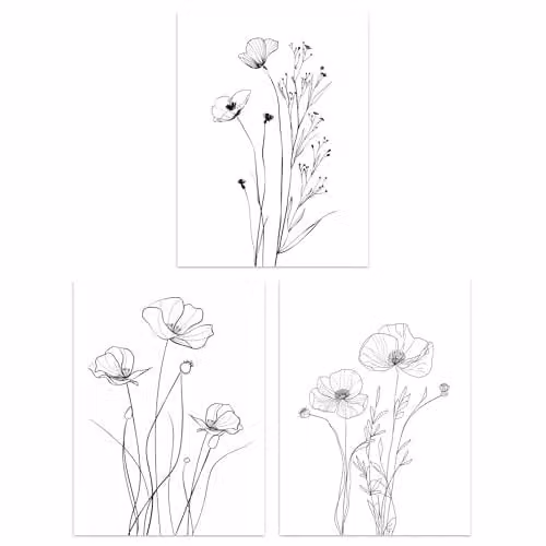 Artery8 Set of 3 Minimalist Black Line Poppy Flower Floral Wall Art Paper Poster Prints, W/H: 30 x 41 cm – 1
