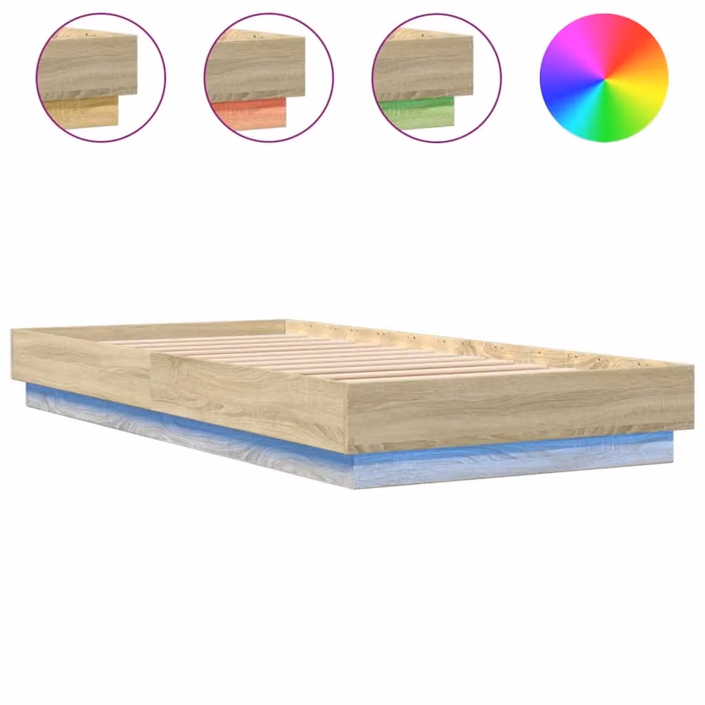 Berkfield Home Sonoma Oak Bed Frame with LED Under-Bed Lighting and USB Charging Port, Brown, W: 90 cm, D: 200 cm – 2