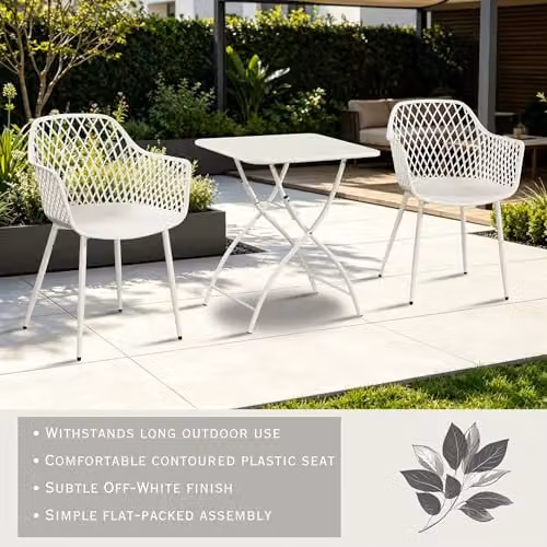 Core Products 3-Piece Bistro Garden Set with Lattice Armchairs and Folding Metal Table in White and Green – 2