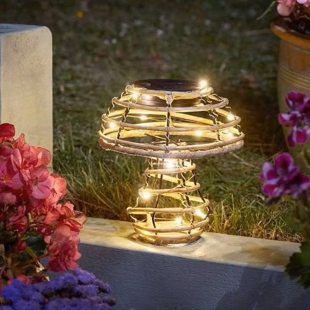 Marco Paul Solar Mushroom LED Garden Light in Brown Rattan with Warm White Light, Height: 15 cm