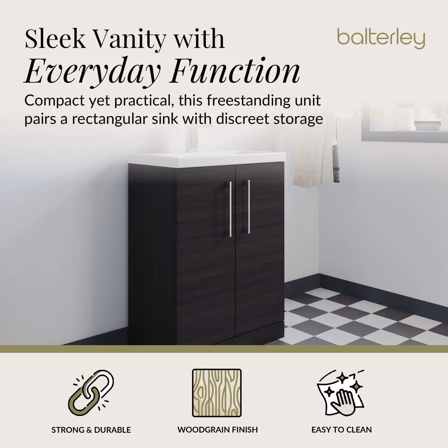Balterley Modern Black Wood Freestanding Bathroom Vanity Basin Unit with Soft Close Hinged Doors, W: 60 cm, H: 84 cm – 2