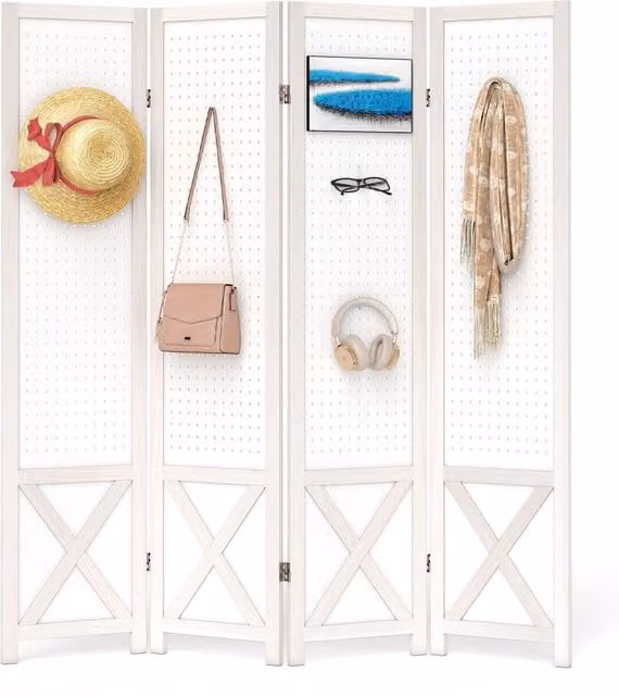 Costway 4 Panel Folding Room Divider with Pegboard Display in White, W: 162 cm, H: 170 cm – 1