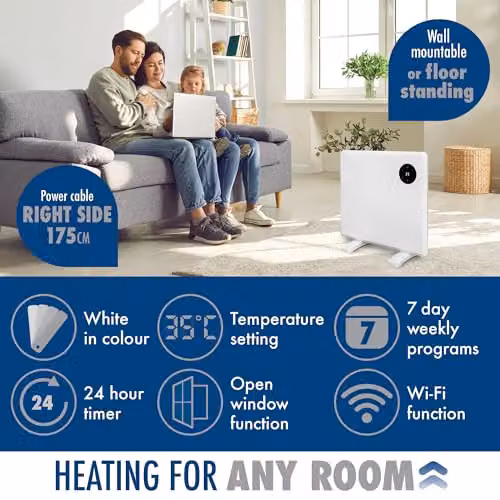 Purus 600W WiFi Electric Panel Heater, White, Wall Mounted or Freestanding with App Control – 3