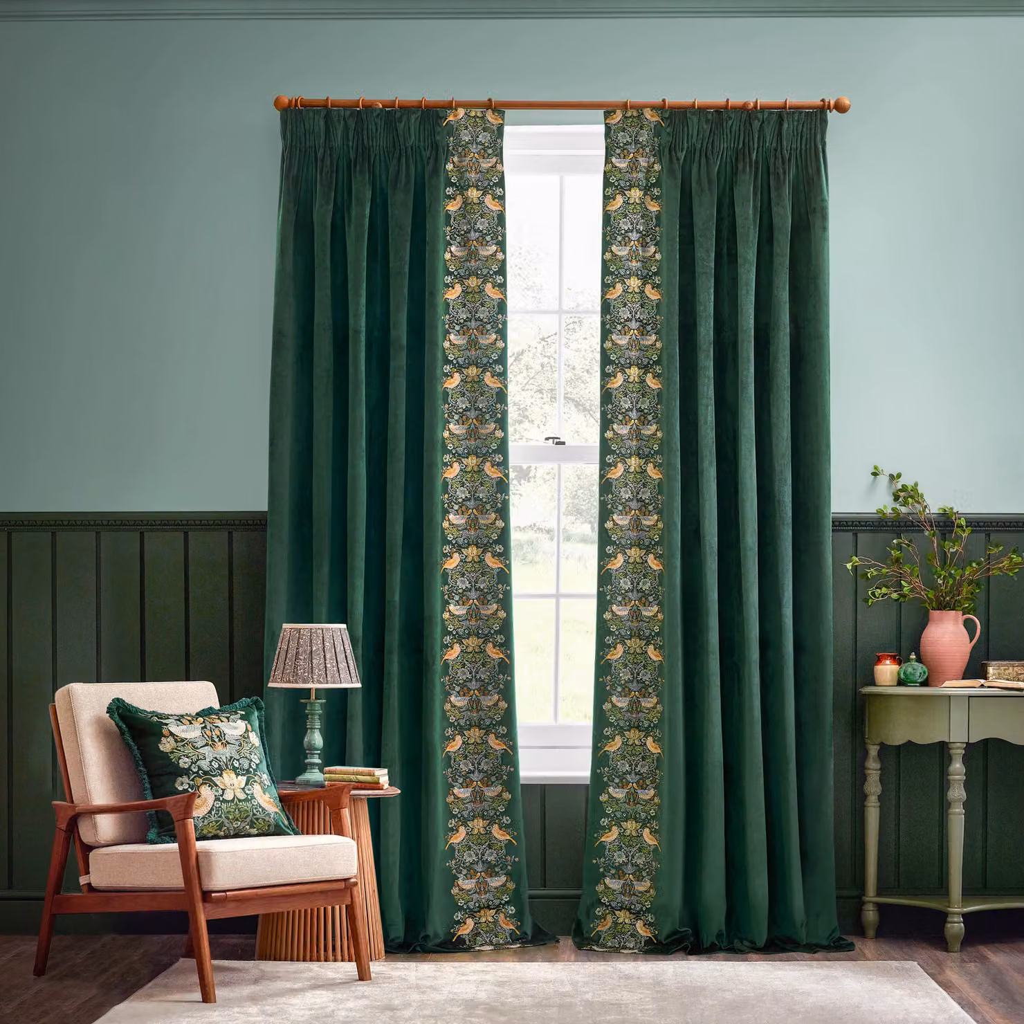 Morris & Co. Strawberry Thief Embroidered Velvet Pencil Pleat Curtains, Green, Width: 168 cm, Drop: 183 cm – 2