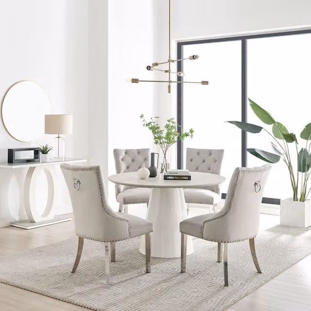 FurnitureboxUK Palma Beige Stone Effect Round Dining Table and 4 Belgravia Chairs in Grey
