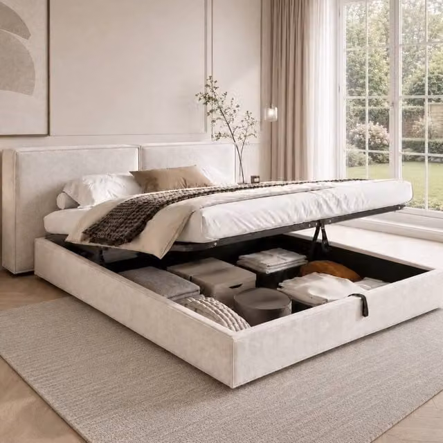 ModernLuxe Super King Upholstered Ottoman Bed with Headboard in Beige, W/D/H: 180 x 200 x 226 cm