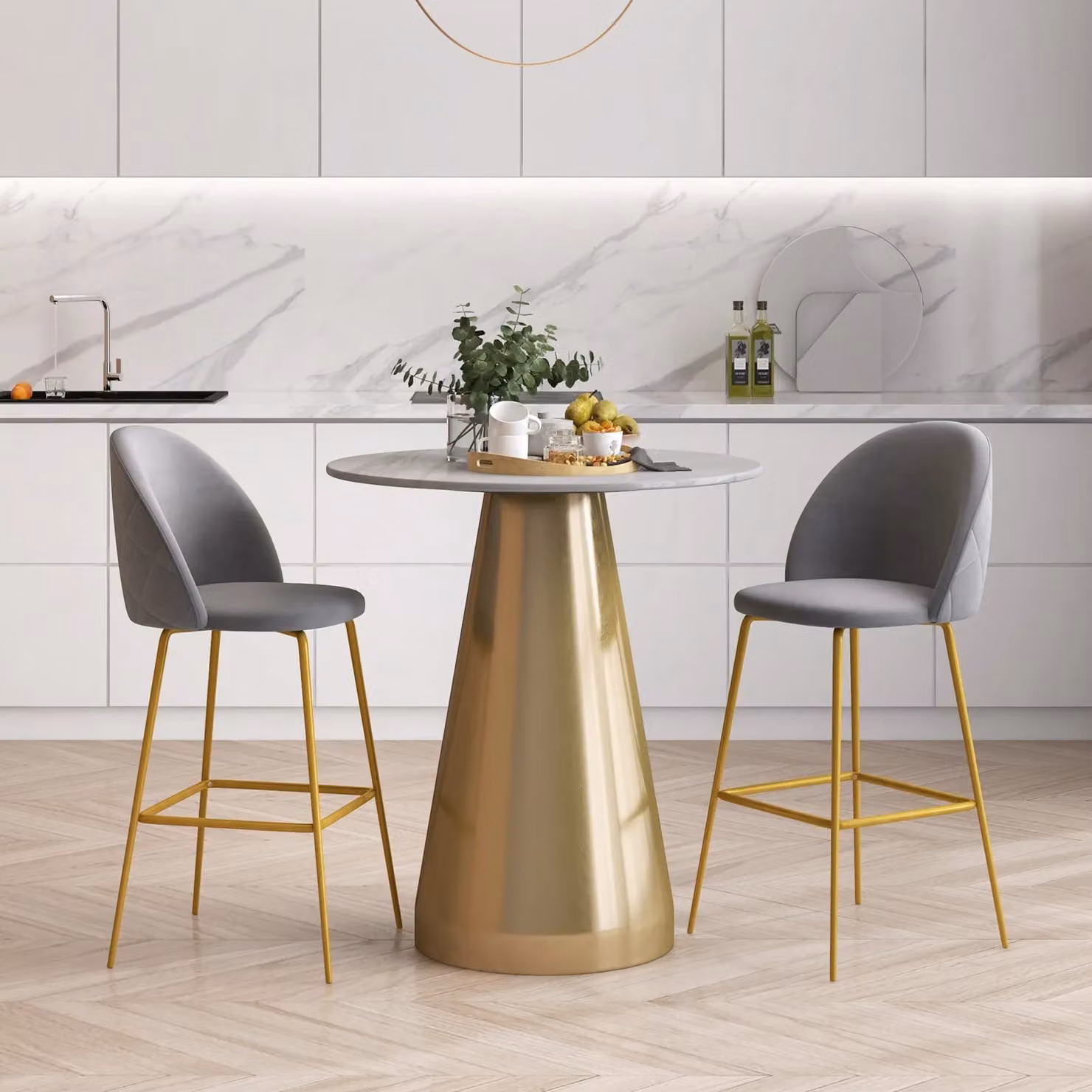Costway Set of 2 Grey Velvet Upholstered High Back Bar Stools with Gold Metal Legs – 3