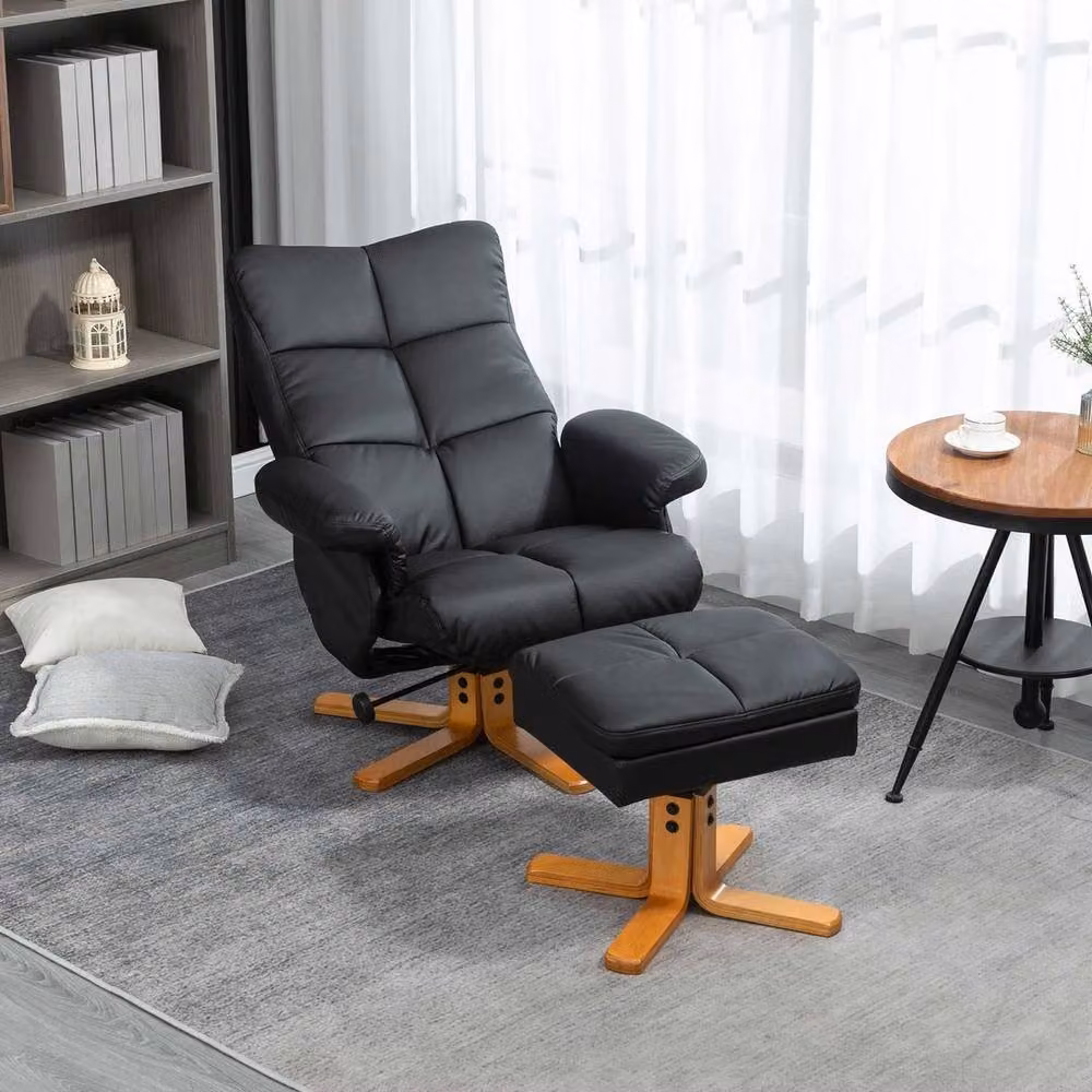 FORGEVIO Black PU Leather Recliner Chair and Footstool with Wooden Base – 3
