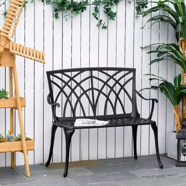 OUTSUNNY 2-Seater Cast Aluminium Garden Bench in Black – 1