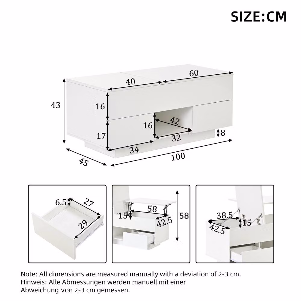 BTM White High Gloss Lift Top Coffee Table with LED Drawers and Rectangular Design W/D/H: 100 x 45 x 45 cm – 4