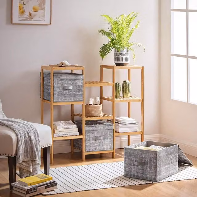 SONGMICS Set of 3 Foldable Fabric Storage Boxes with Lids, Grey, W/D/H: 30 x 30 x 25 cm