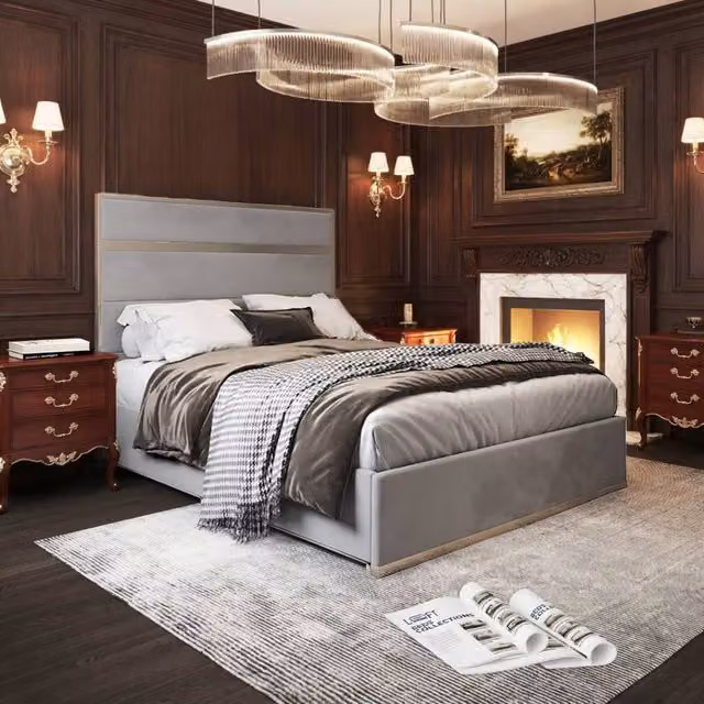 KDMD Holt Super King Designer Bed Frame in Grey Soft Velvet and Metal