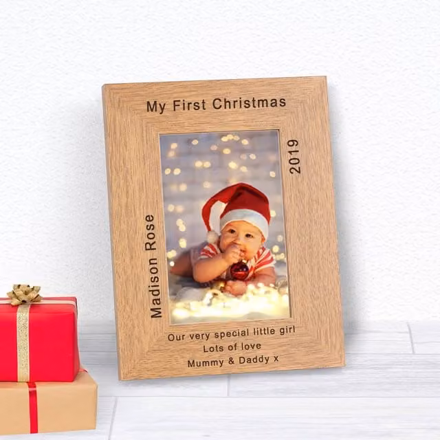 Uniqueful Personalised My First Christmas Wood Photo Frame, Brown, W/H: 15.24 x 10.16 cm