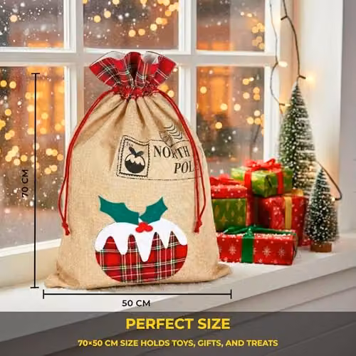 Shatchi Large Santa Sack Hanging Christmas Gift Bag in Brown and Beige, W/H: 70 x 50 cm – 3