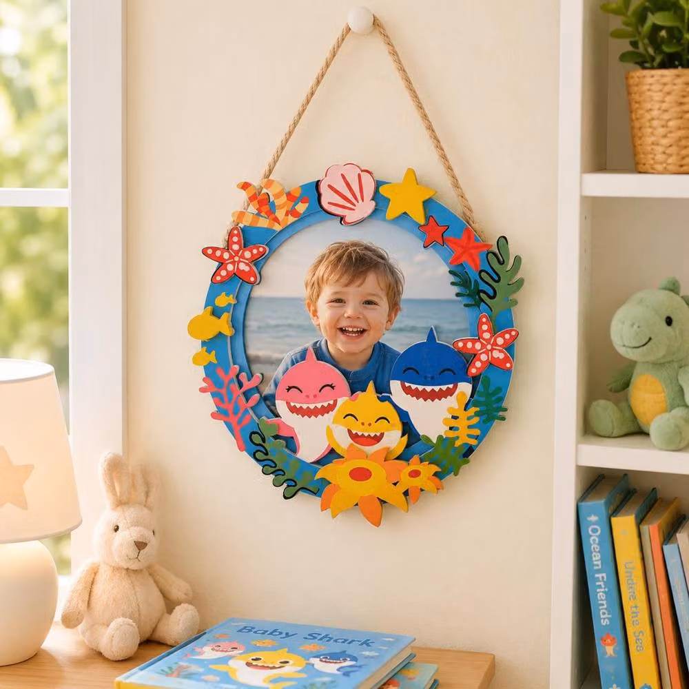 Widdop and Co Baby Shark Round Wooden Photo Frame in Blue and Multicolour – 2
