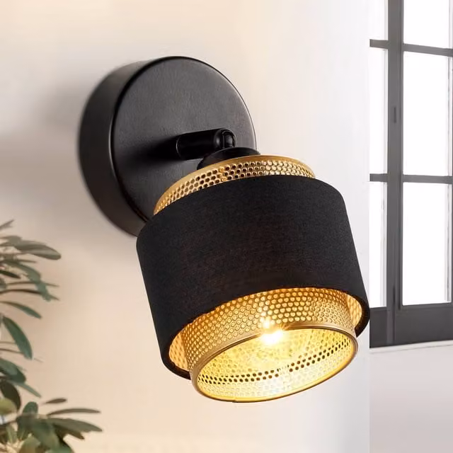 Harper Living Black and Gold Art Deco Wall Light with Adjustable Metal Mesh and Fabric Shade, E14 Socket