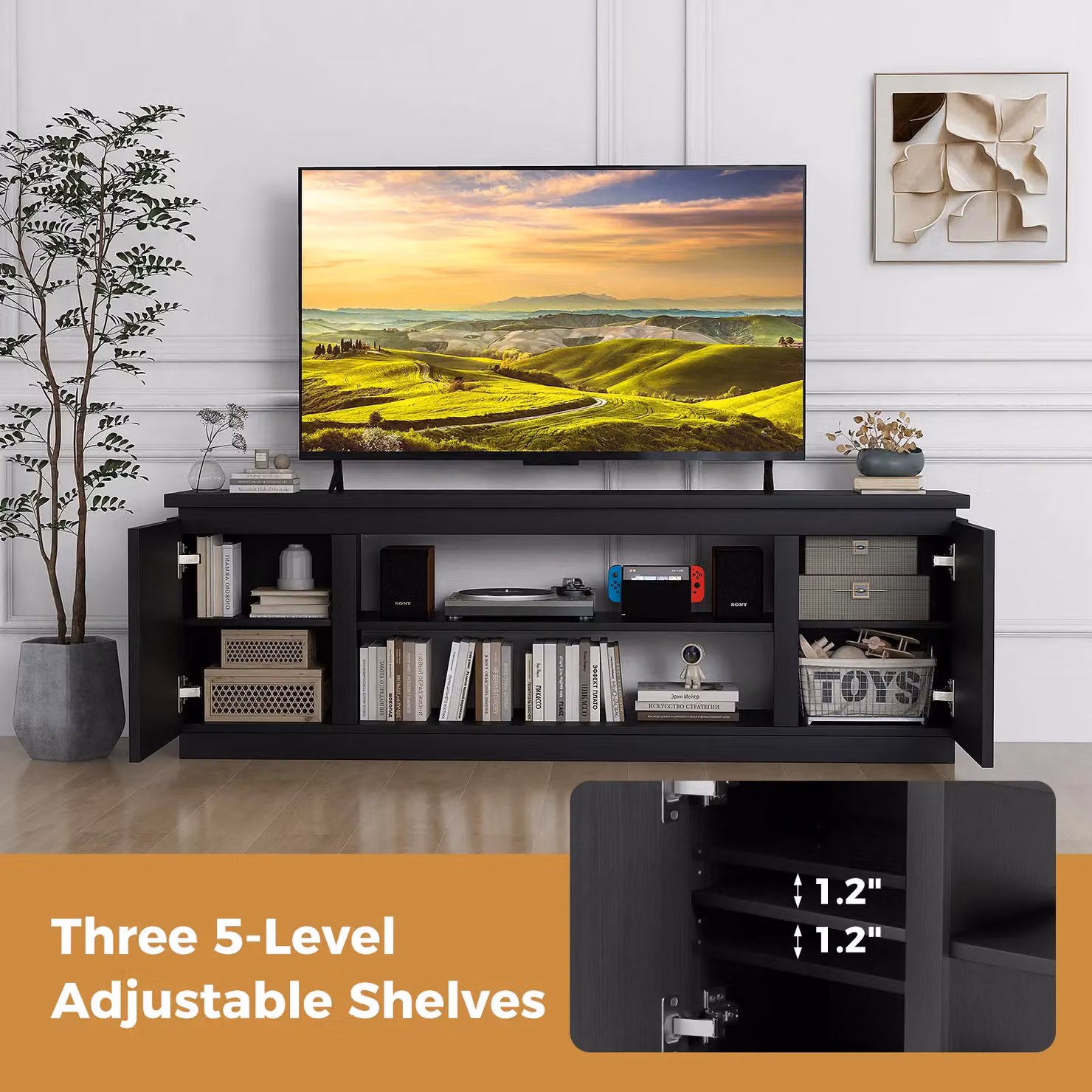 Gymax Modern Black Matt Media Console Table for TVs up to 80 inch, Width: 178 cm – 7