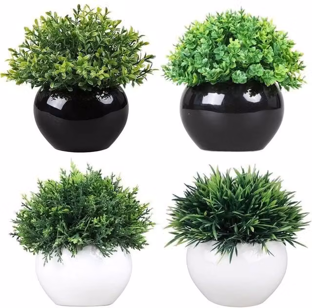 VOGREX Set of 4 Green Artificial Potted Trees in Black Metal Pots for Indoor Tabletop Decor – 1