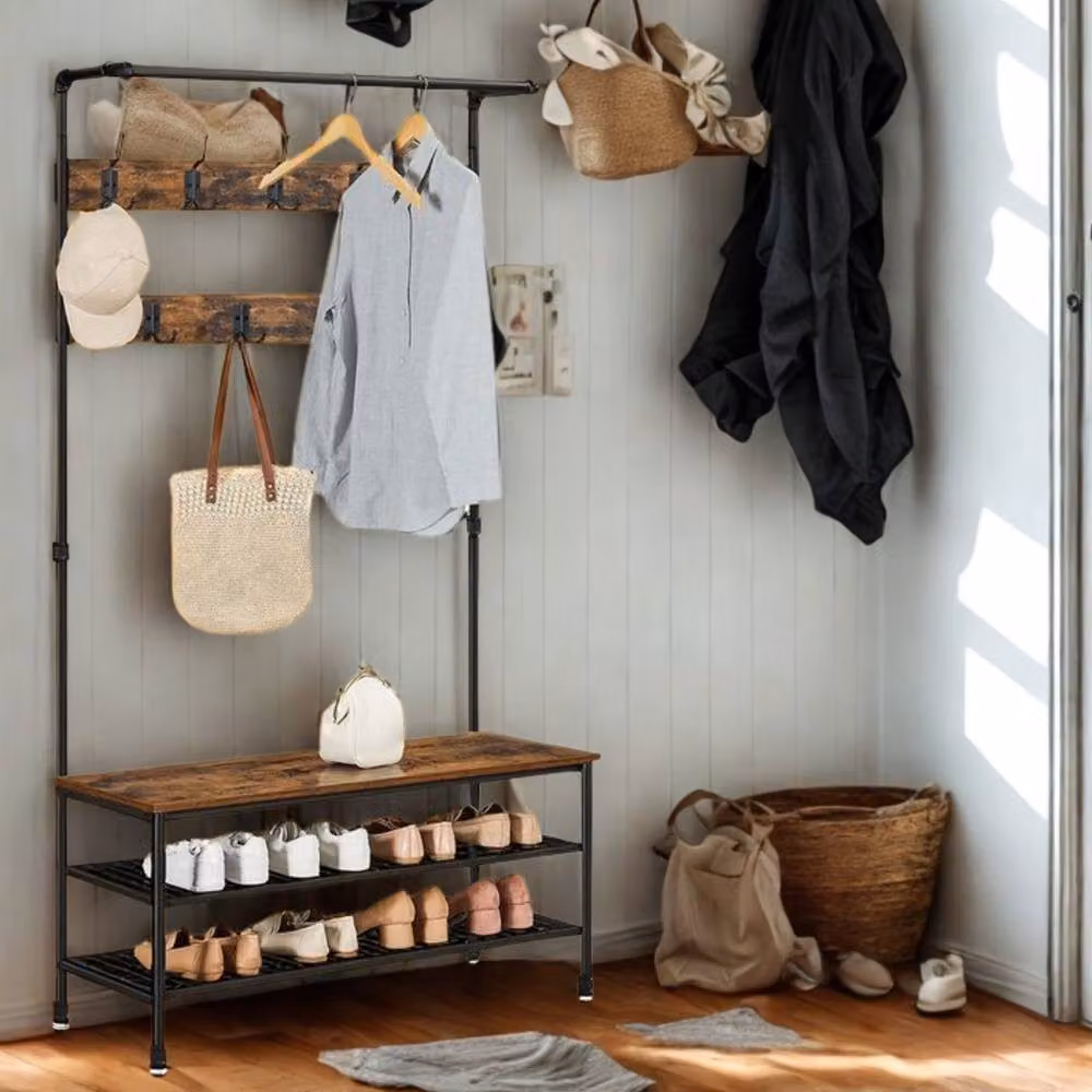 Pirlo Plush Hall Tree Coat Rack with Shoe Storage and Hooks, Brown, H: 182.0 cm x W: 100.0 cm – 2