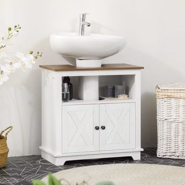 kleankin Freestanding White Bathroom Under Sink Storage Cabinet with Double Hinged Doors