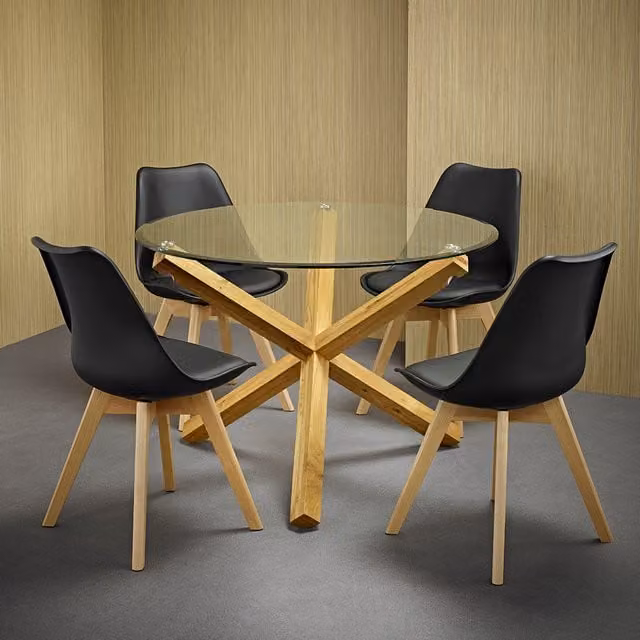 LPD Home Set of 2 Louvre Dining Chairs in Black Synthetic Leather with Beech Wood Legs