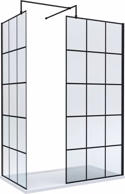 Balterley Black Framed Rectangular Walk-in Wetroom Glass Screen and Tray, 8mm Glass, W: 1400 mm, D: 700 mm – 1