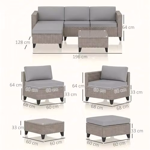 Outsunny 5-Piece L-Shape Rattan Garden Furniture Set with Ottoman and Coffee Table in Grey and Brown – 5