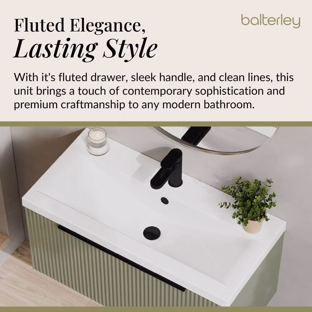 Balterley Fluted Front Wall Hung 1 Drawer Vanity Basin Unit, Satin Green, W: 80 cm – 2