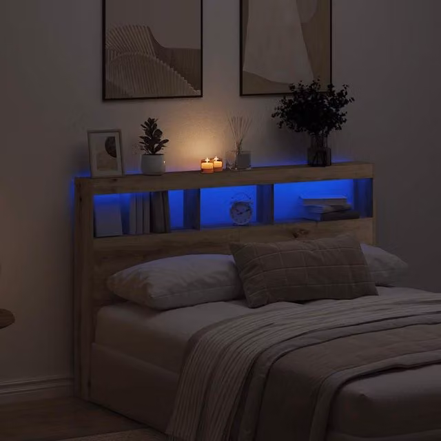 Berkfield Home Artisan Oak Headboard Cabinet with LED Lighting and USB Charging Port, Brown, W: 160 cm, D: 17 cm, H: 102 cm